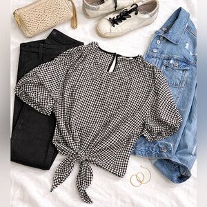Nine Britton Gingham Tie Front | Black White Tiered Ruffle Sleeve Crop Blouse